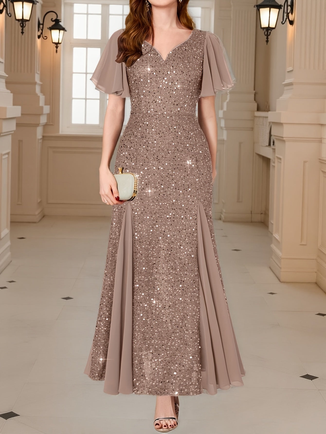 Eleanor Flutter-Sleeve Shimmer Holiday Dress