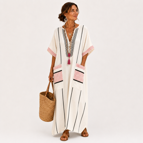Adara long off-white caftan with subtle neutral stripes