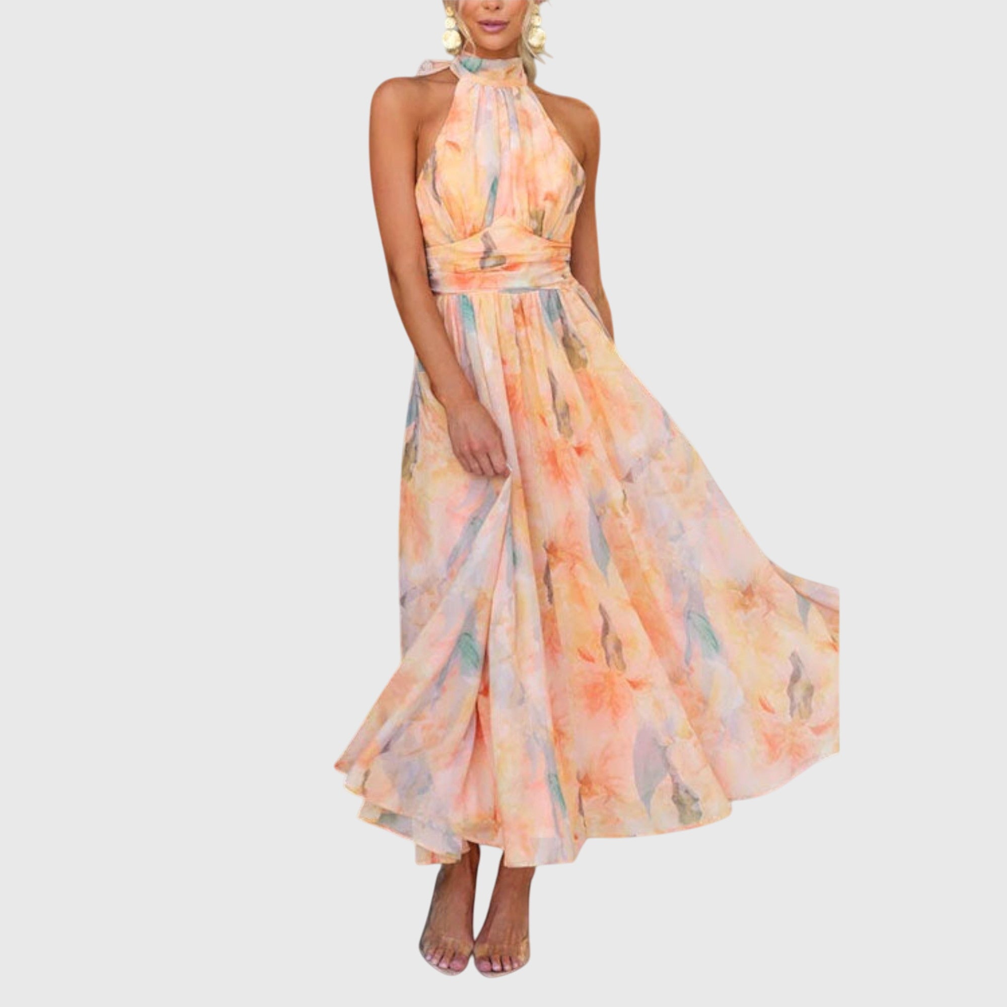 Nicole Watercolor Open-Back Maxi Dress