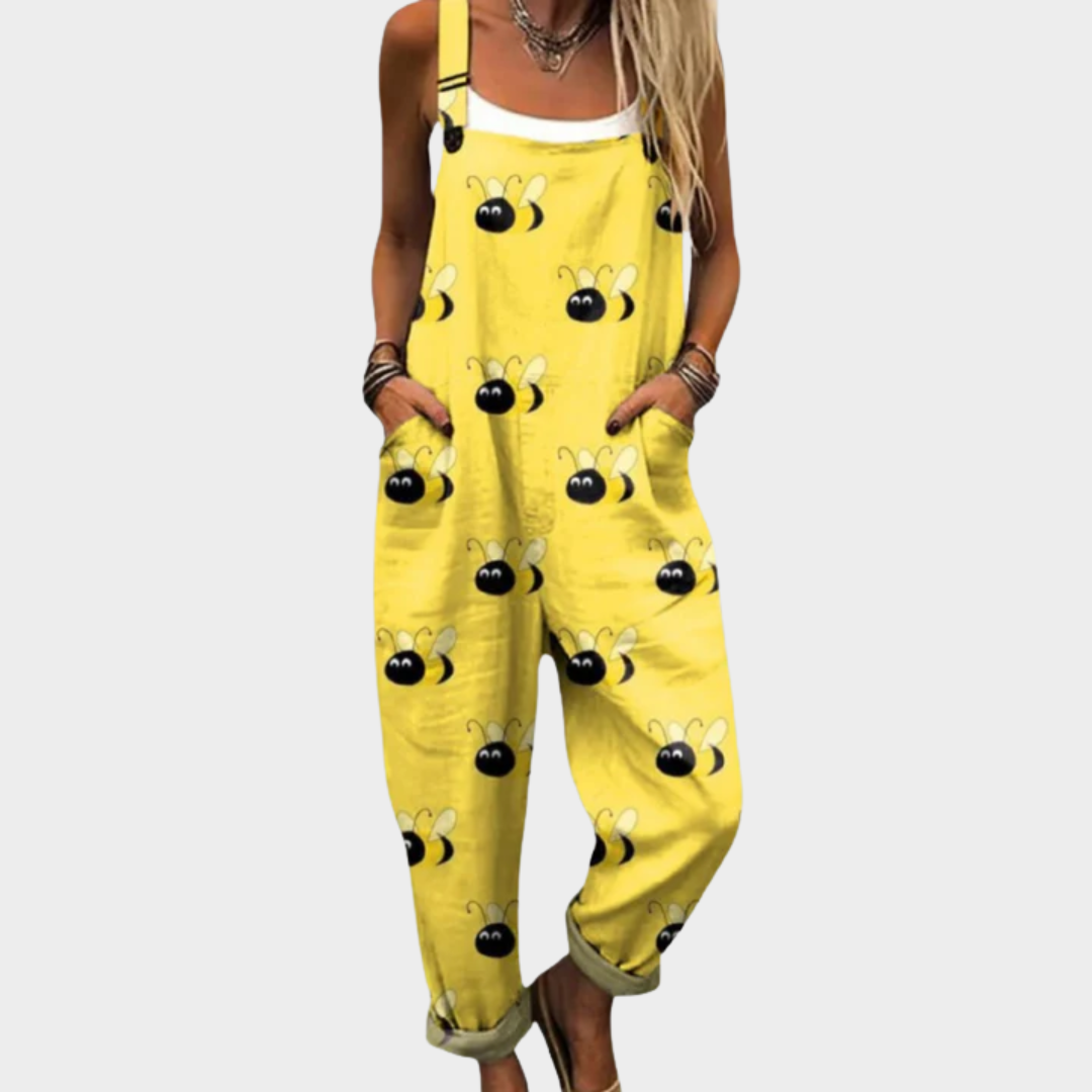 Solene bright yellow overalls with nature inspired bee print