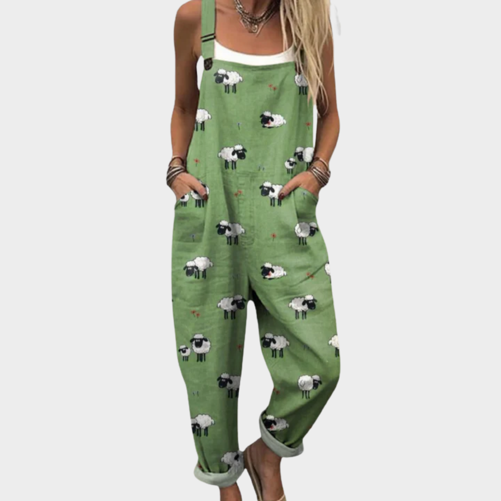 Camille tender green bohemian floral loose overalls