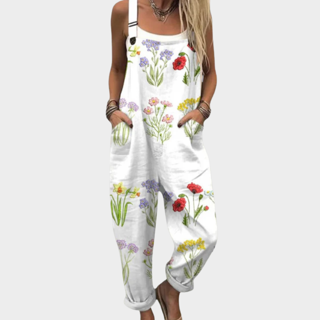 Elodie crisp white overalls with bohemian wildflower print wide leg