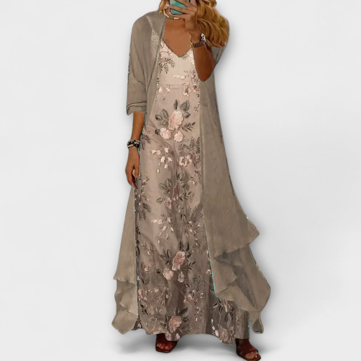 Clara women two-piece maxi dress set with lightweight printed jacket