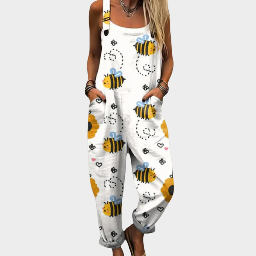 Victoire bright white bee and floral print loose overalls