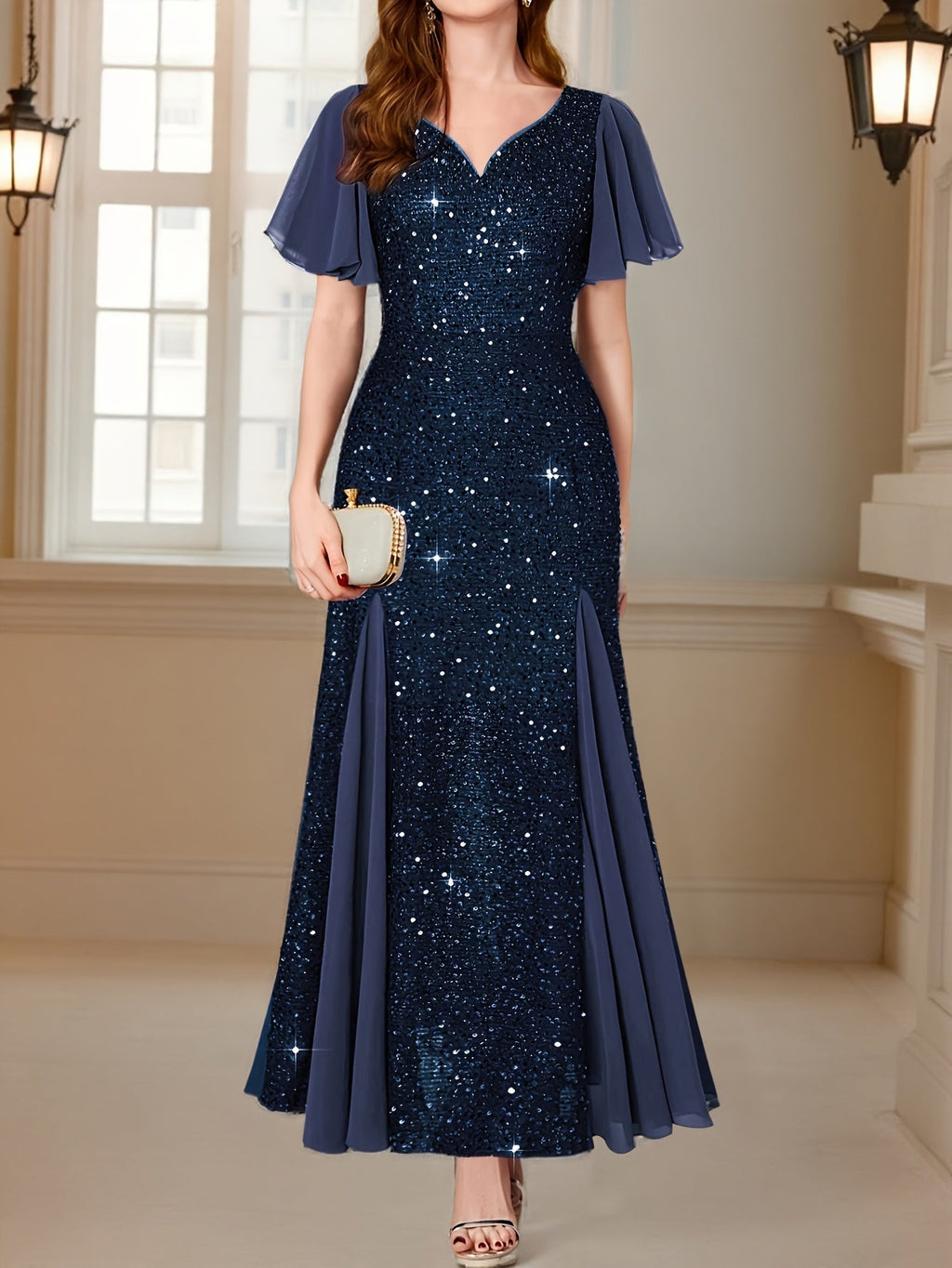 Eleanor Flutter-Sleeve Shimmer Holiday Dress