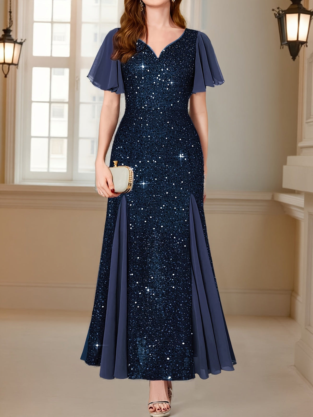 Eleanor Flutter-Sleeve Shimmer Holiday Dress
