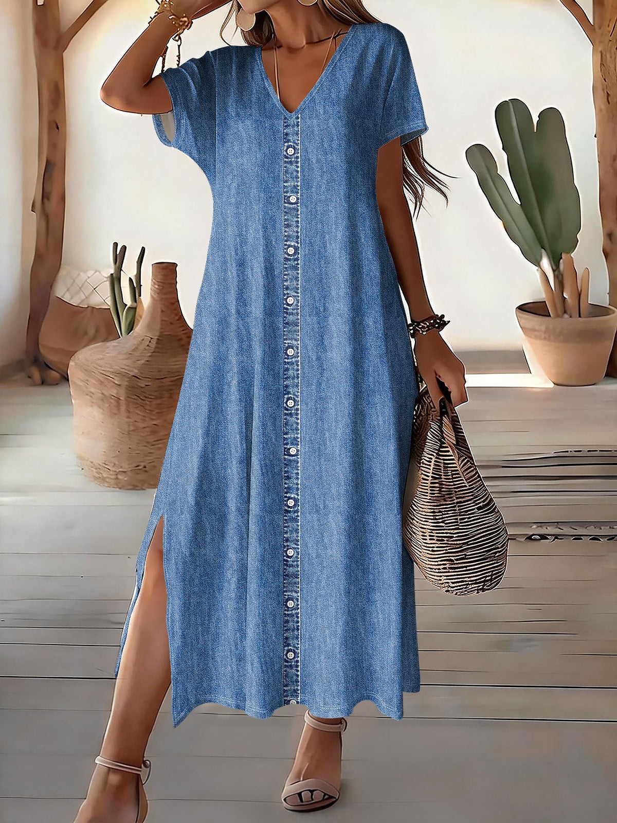 Leontine - Retro Denim Button-Front Dress