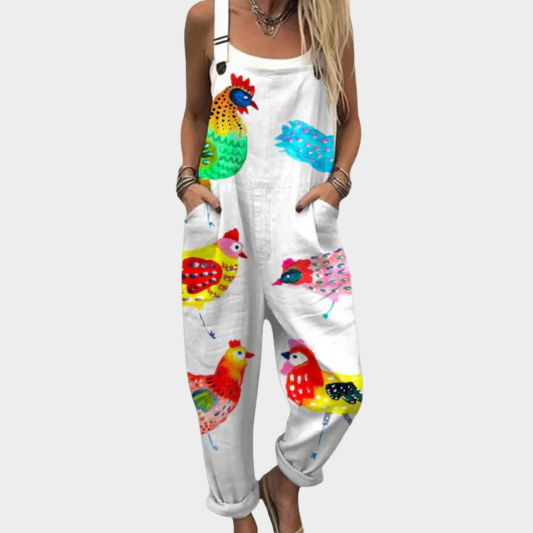 Rosalie cream overalls with vibrant colorful bird print wide leg