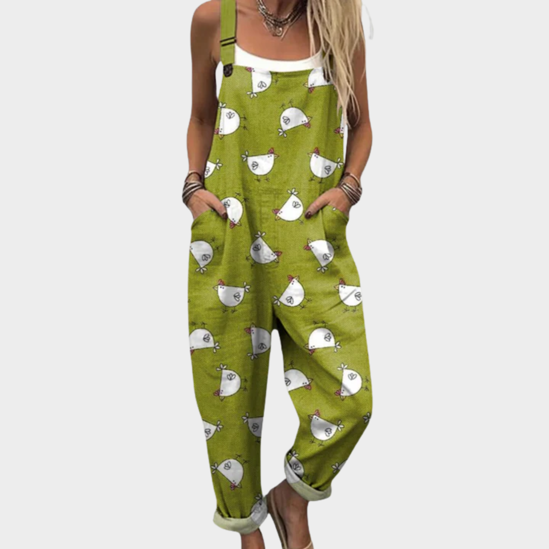 Elodie light green overalls with subtle hen pattern wide leg