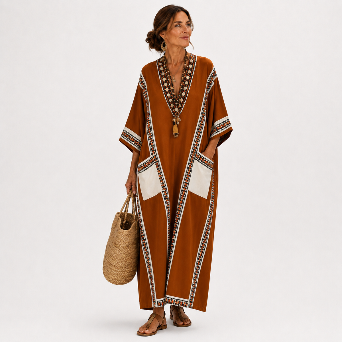 Nadia long terracotta caftan with ethnic pattern