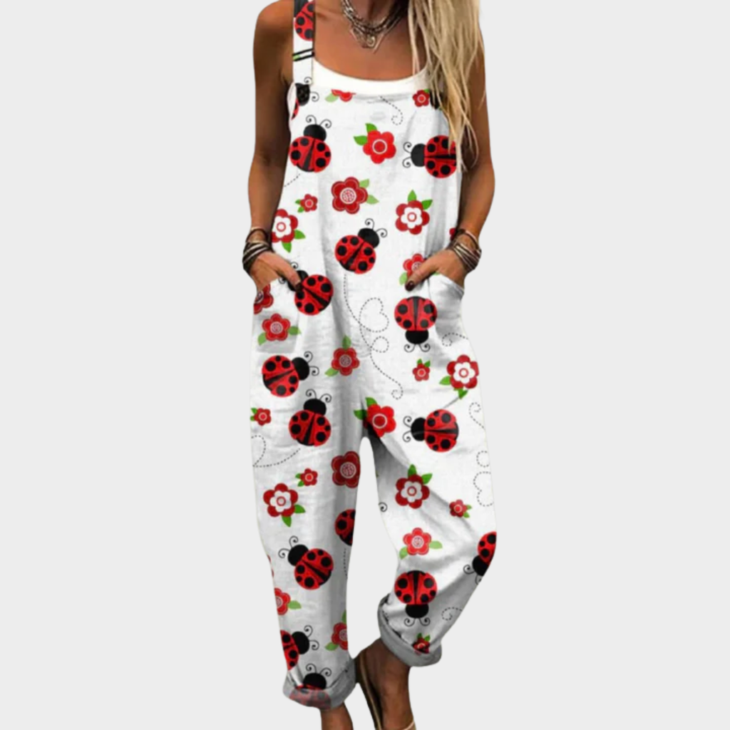 Gabrielle light cream overalls with red ladybug and flower print