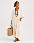 Farah beige long caftan with Mediterranean style stripes