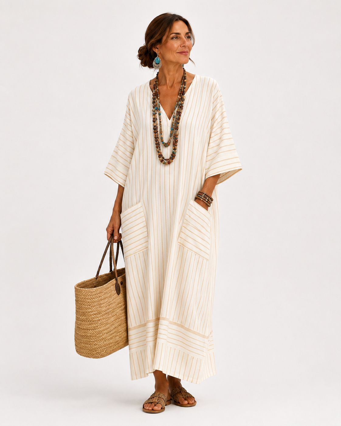 Farah beige long caftan with Mediterranean style stripes