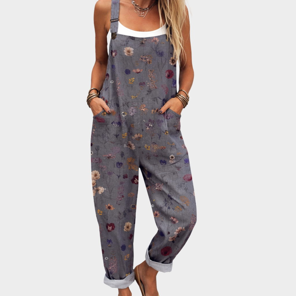 Elodie grey boho floral print loose fit overalls
