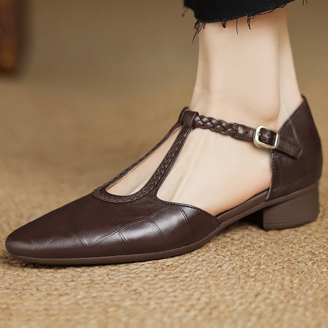 Inès - Metallic Buckle T-Strap Leather Mary Janes