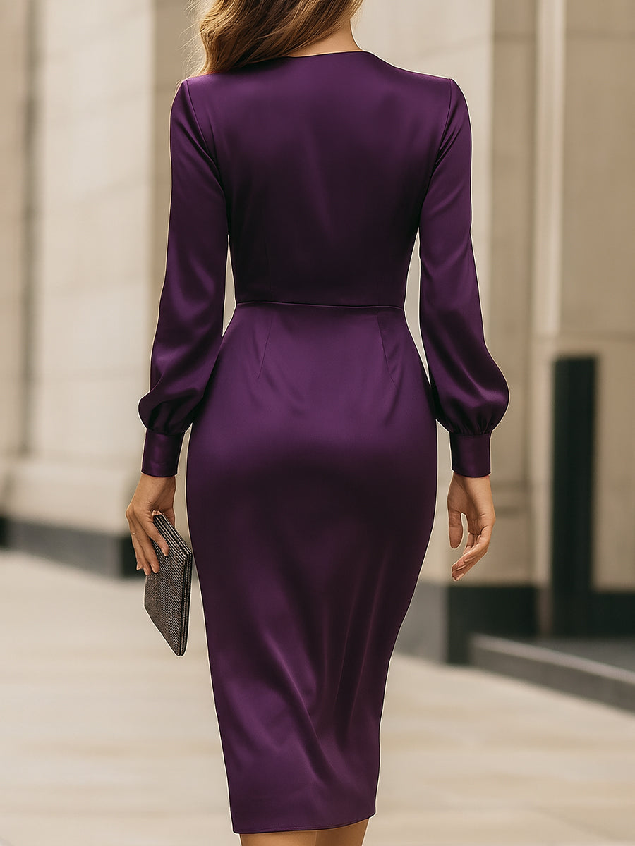 Clara | Draped Satin Midi Dress in Deep Plum