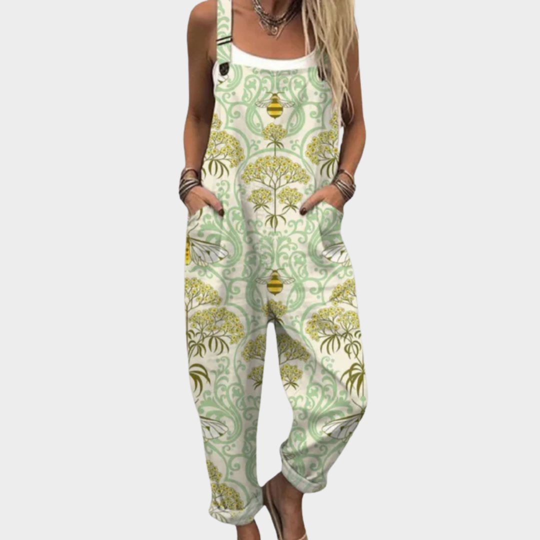 Jasmine soft green floral arabesque print wide leg overalls