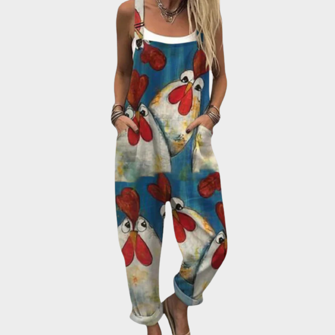 Marie deep blue overalls with vibrant red poppy print loose fit
