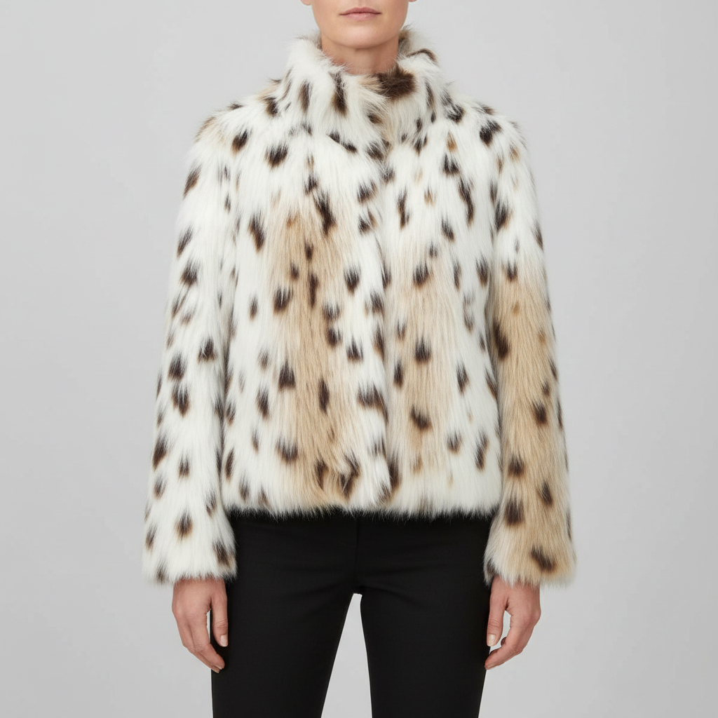 Beverly ivory leopard faux fur jacket on model