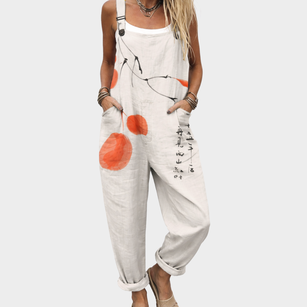 Elodie light base overalls with minimalist coral graphic accents