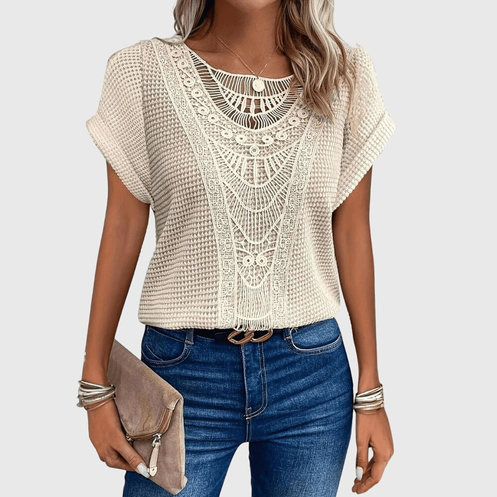 Lucie Ibiza lace accent blouse displaying delicate feminine lace trim