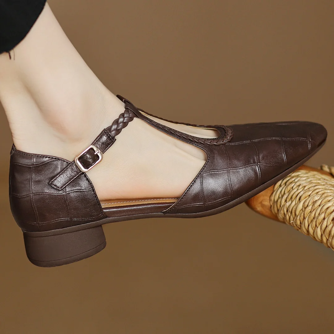Inès - Metallic Buckle T-Strap Leather Mary Janes