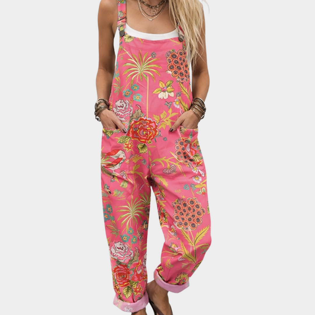 Isaline vibrant pink tropical floral print loose overalls