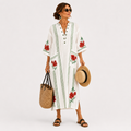 Elena long white caftan with red rose floral print