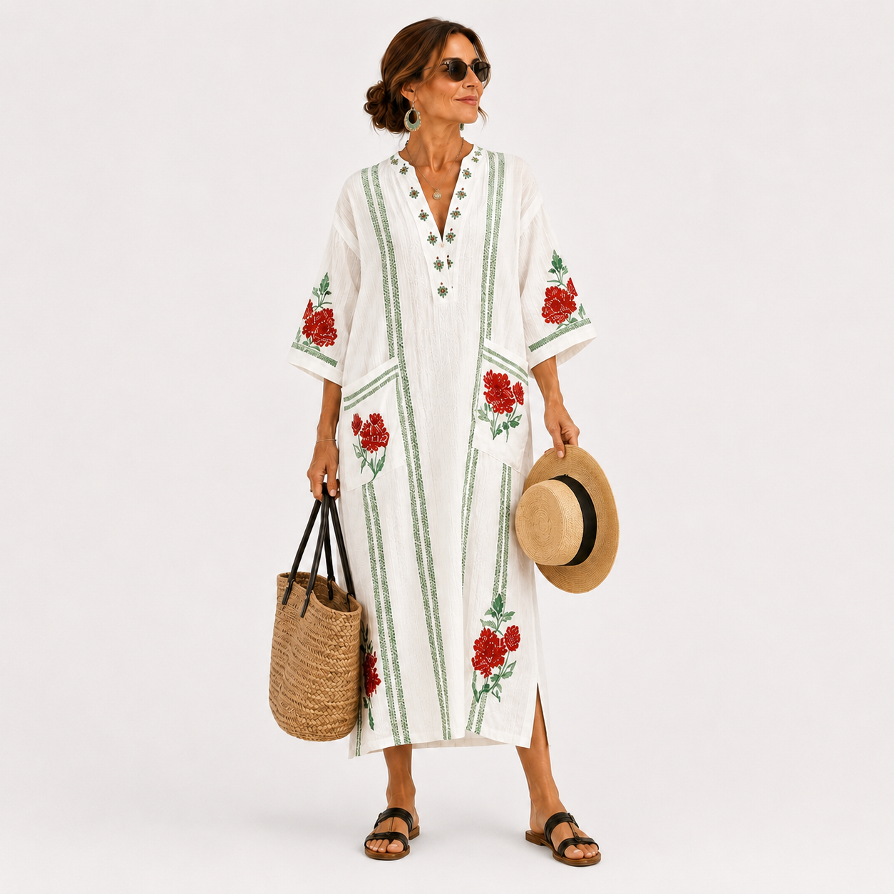 Elena long white caftan with red rose floral print