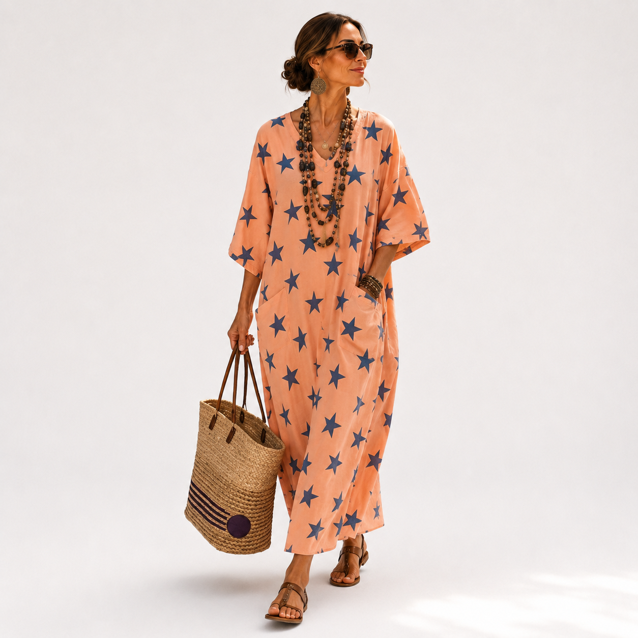 Selma long coral caftan dress with star pattern print