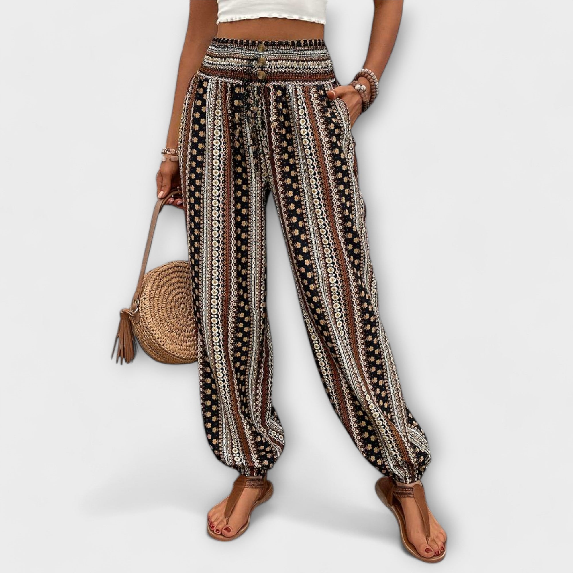 Elise ethnic graphic printed pants with a modern patterned design