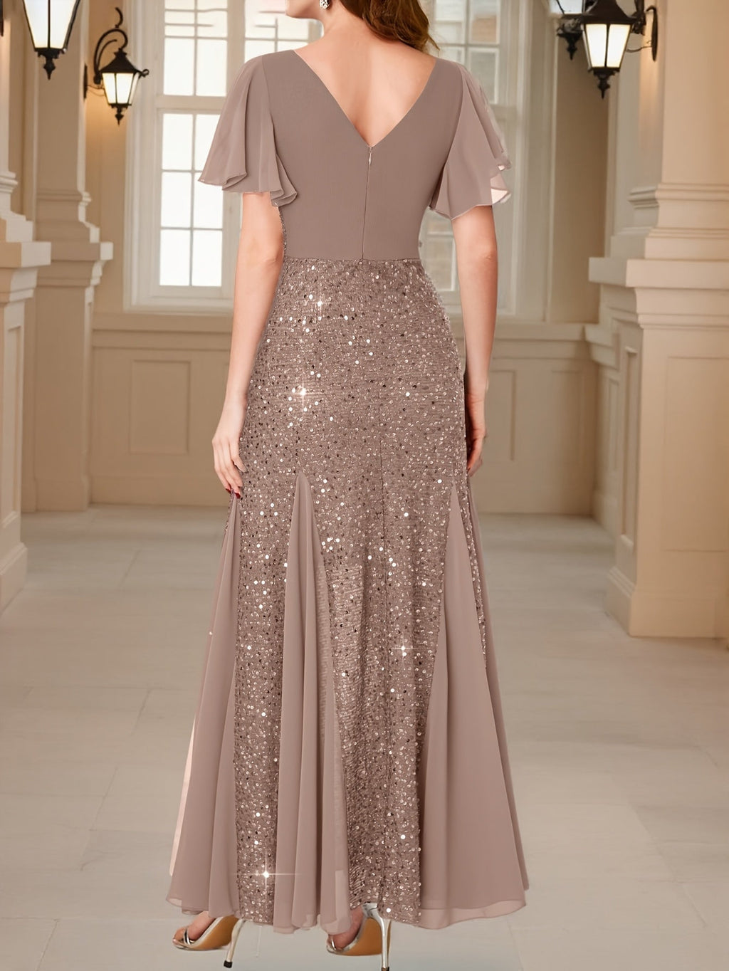 Eleanor Flutter-Sleeve Shimmer Holiday Dress