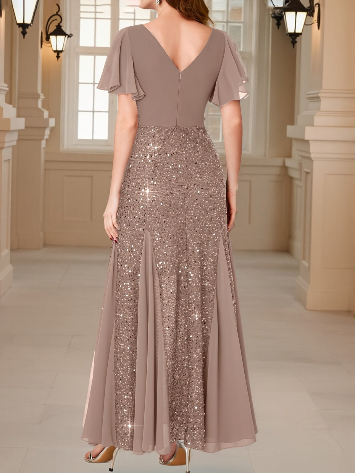 Eleanor Flutter-Sleeve Shimmer Holiday Dress
