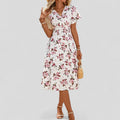 Lisette summer A-line midi dress featuring flutter short sleeves and a wrap-look neckline