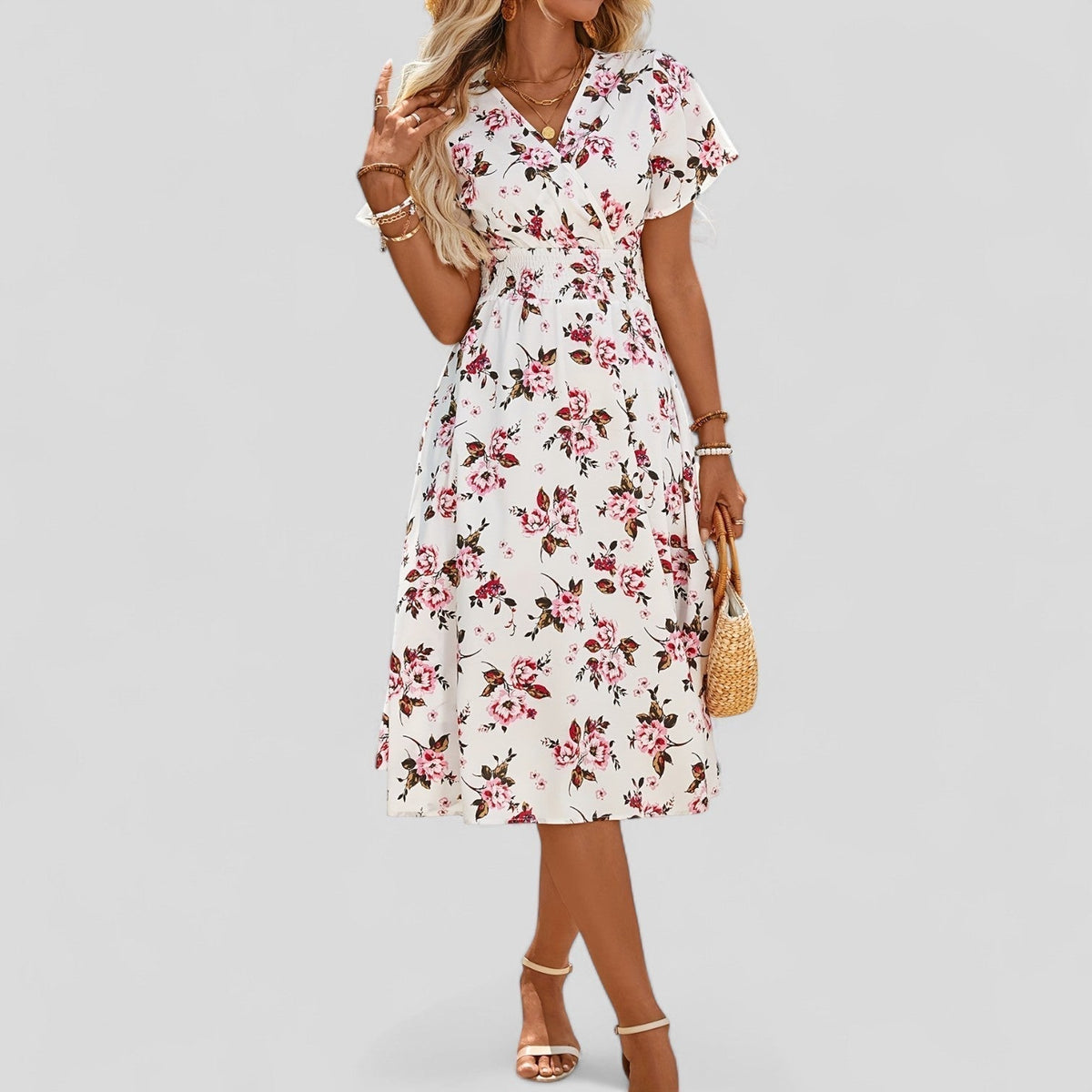 Lisette summer A-line midi dress featuring flutter short sleeves and a wrap-look neckline