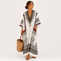 Clara long white caftan with artisanal ethnic motif