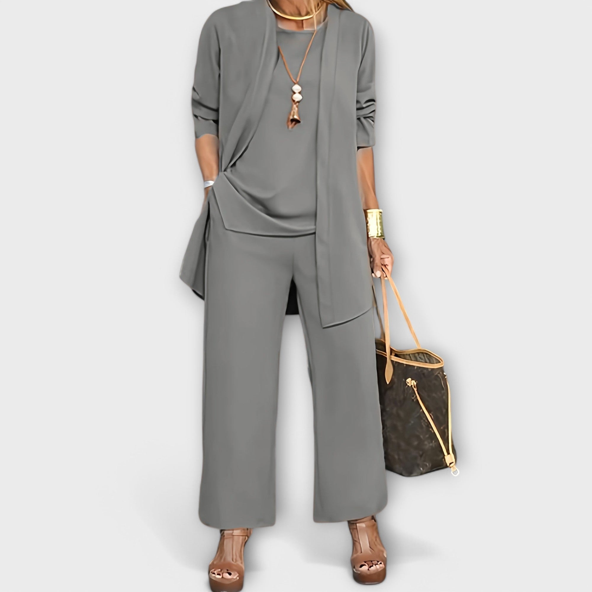 Illyria sophisticated three-piece cardigan top and trousers set