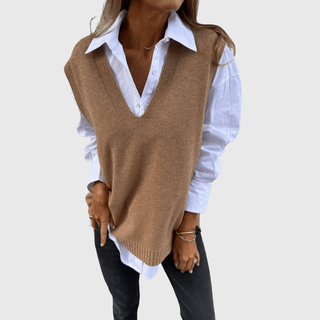 Vyn V-neck knit layering vest styled over a white long-sleeve shirt
