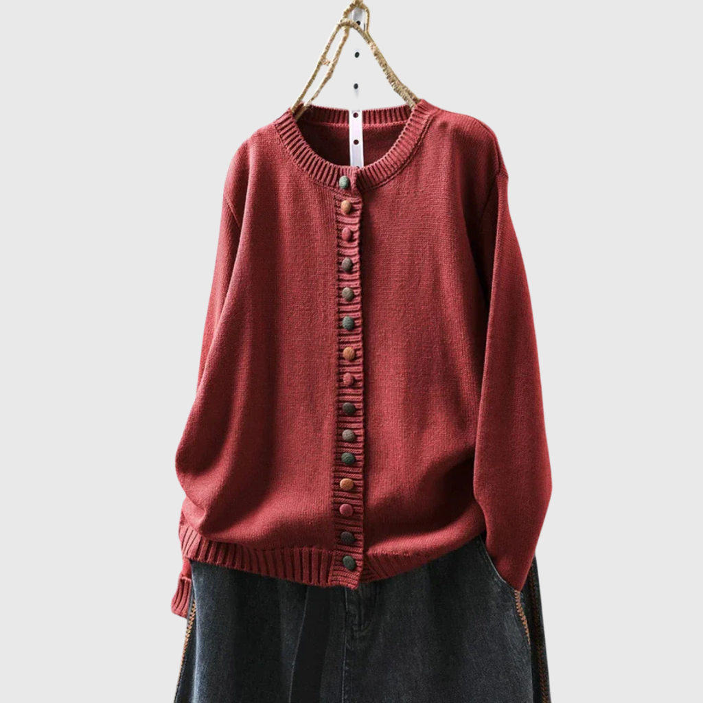 Kalynnah loose knit cardigan featuring unique decorative front buttons