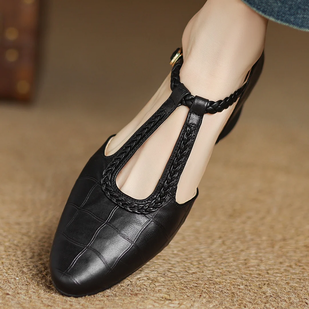 Inès - Metallic Buckle T-Strap Leather Mary Janes