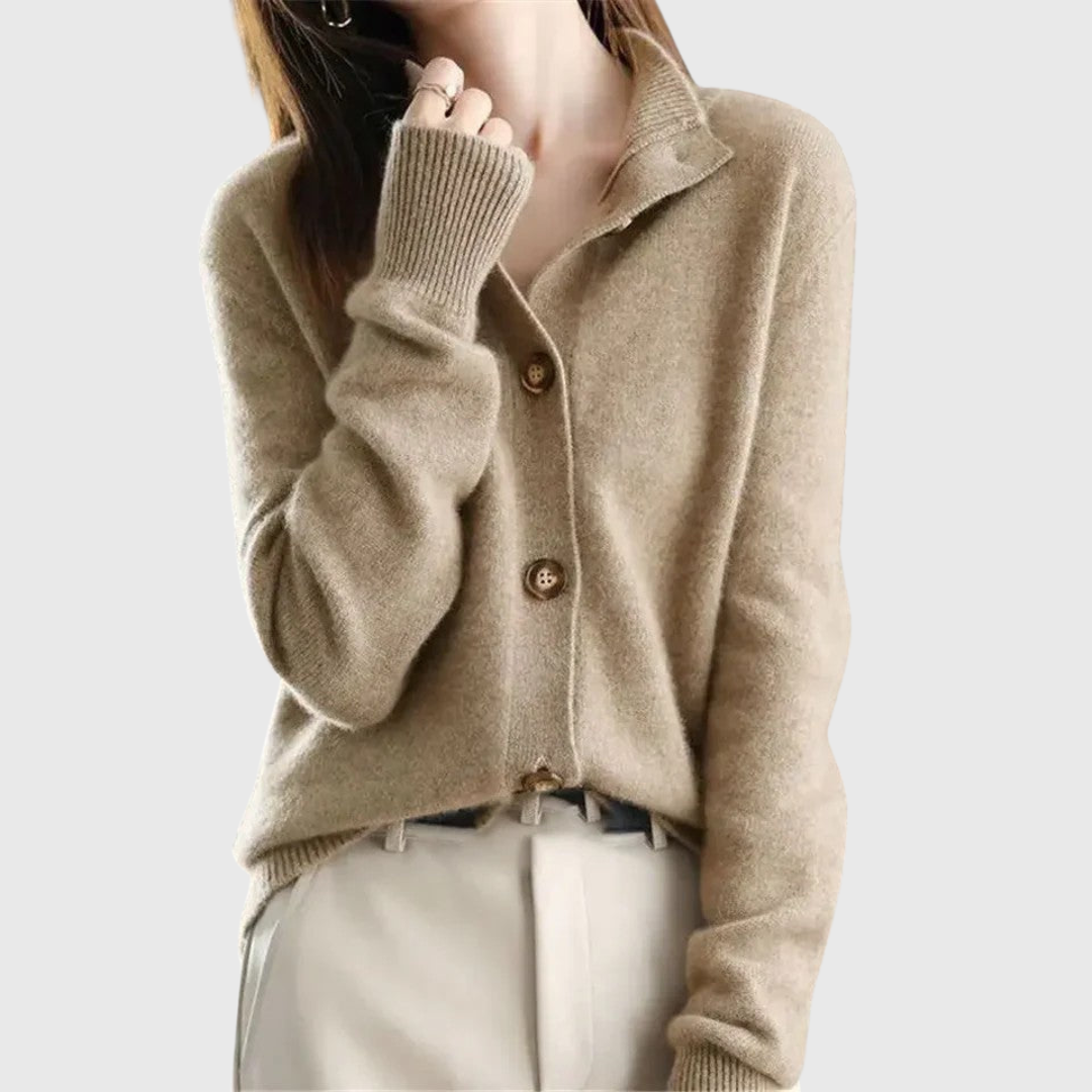 Gretchen easy-care classic knit cardigan draped casually