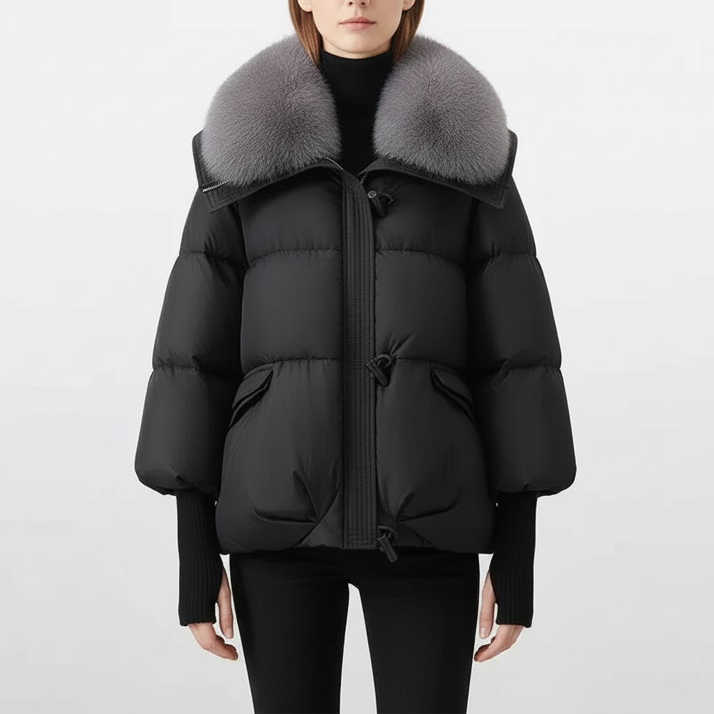 Donna timeless winter jacket with a bold wide collar and structured padded silhouette.