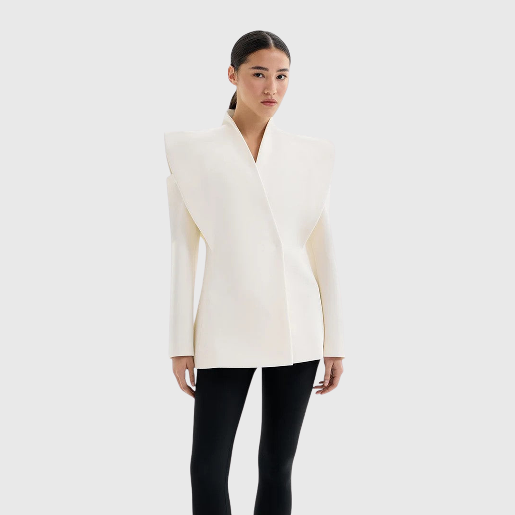 Valeria architectural blazer displaying bold shoulder tailoring