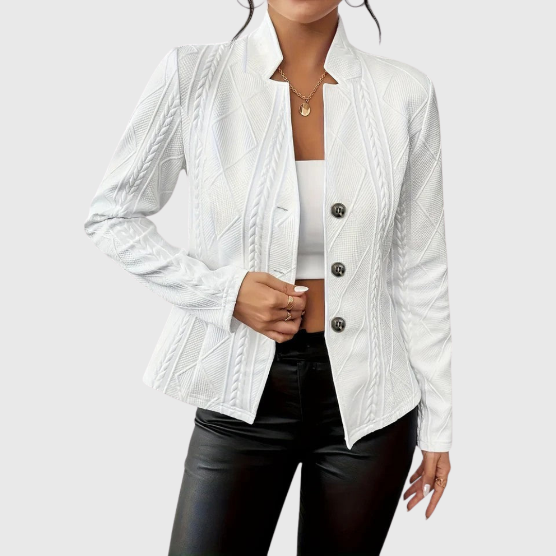 Maurelle textured jacket displaying geometric weave details and crisp collar
