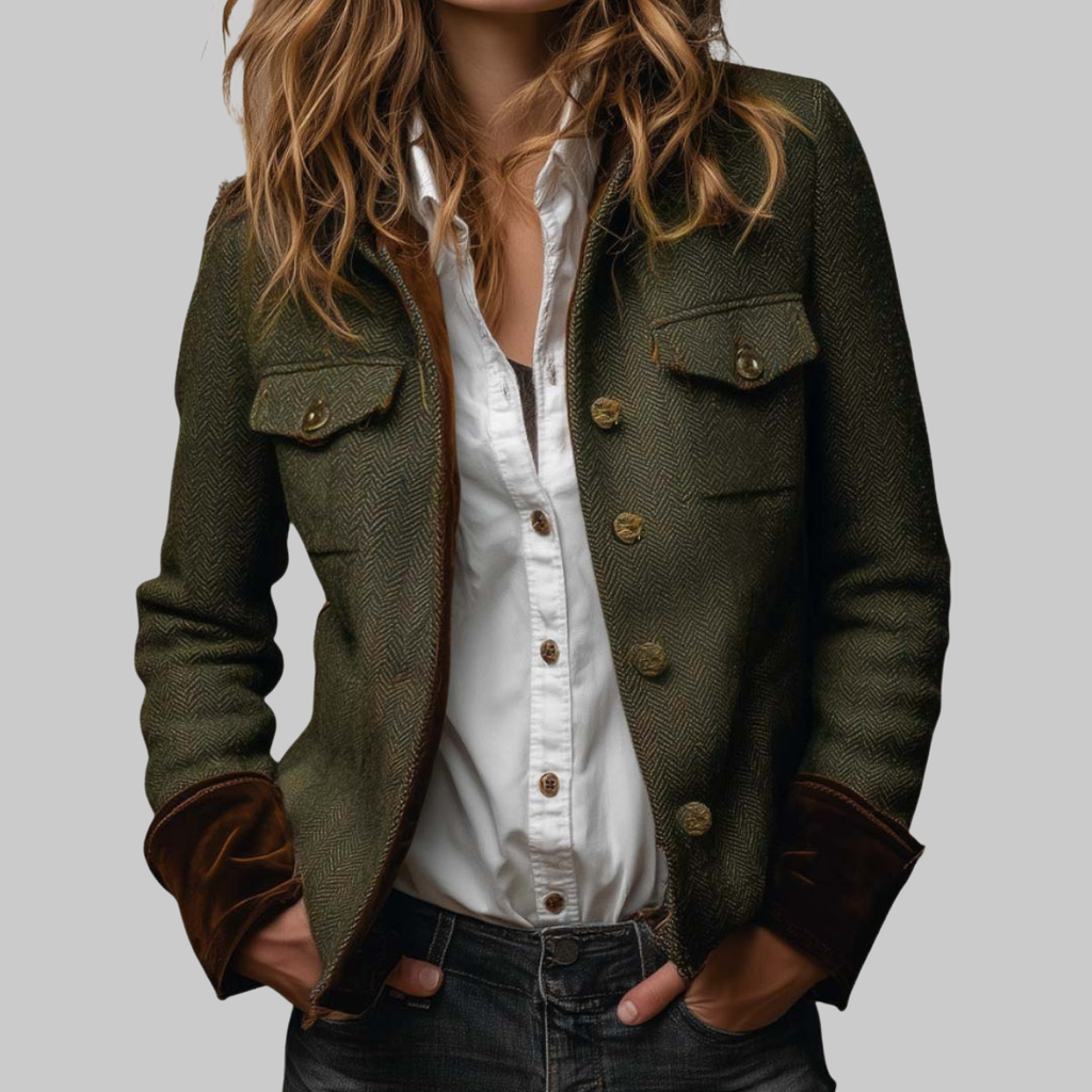 Della elegant textured tweed jacket with velvet trim details