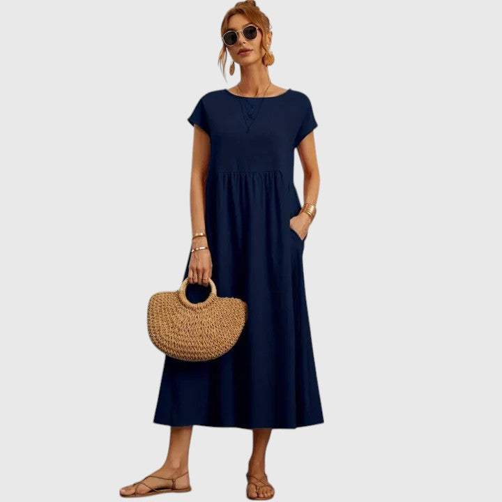 Fenella Crewneck Pocket Midi Dress in relaxed cut with functional side pockets