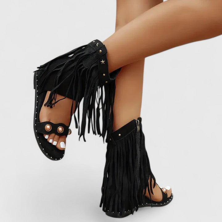 Giselina boho fringe elegant sandals with side zip