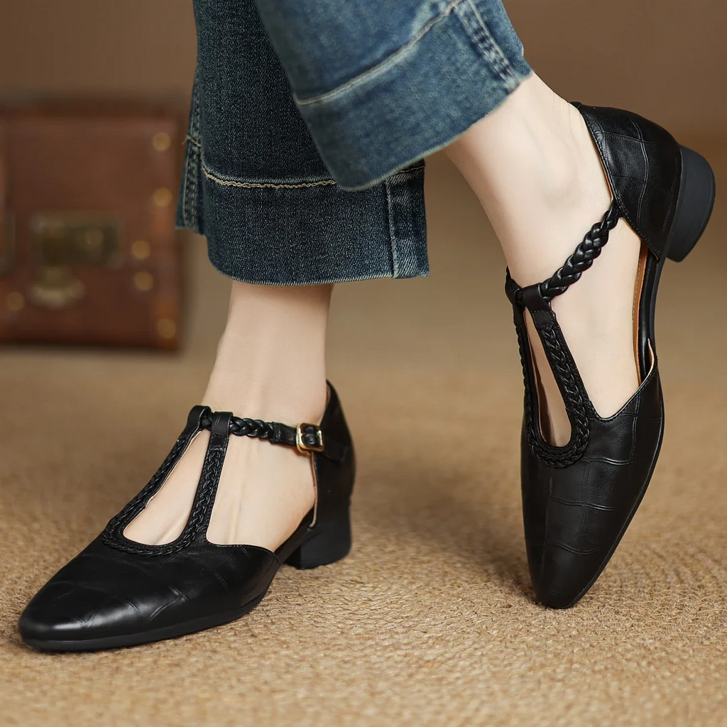 Inès - Metallic Buckle T-Strap Leather Mary Janes