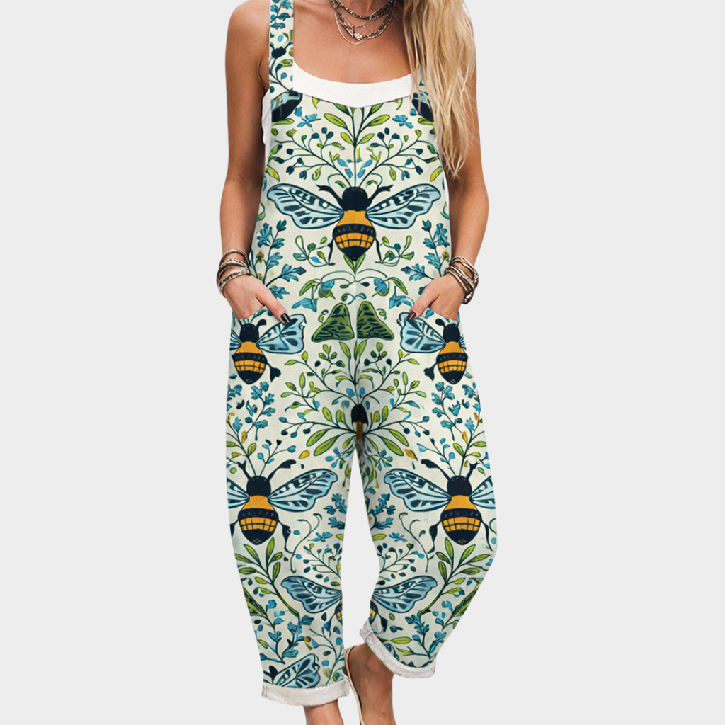 Maelys light cream overalls with symmetrical bee foliage print
