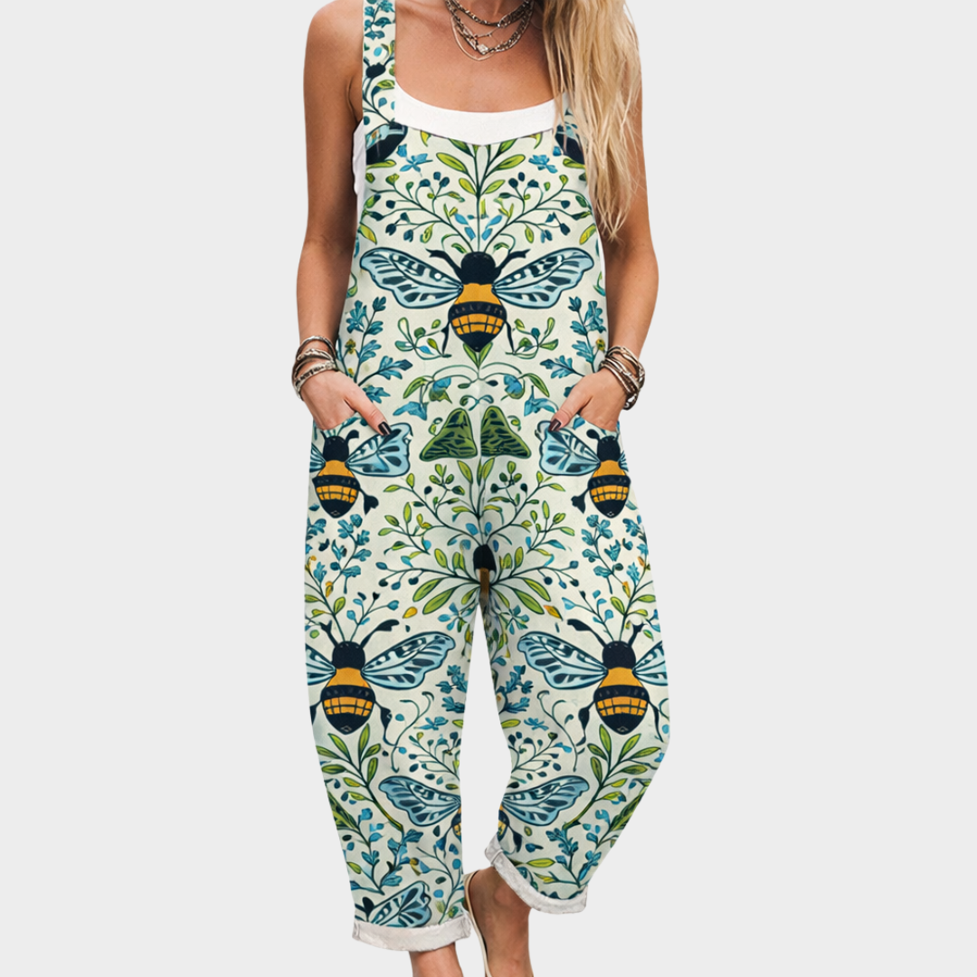 Maelys light cream overalls with symmetrical bee foliage print